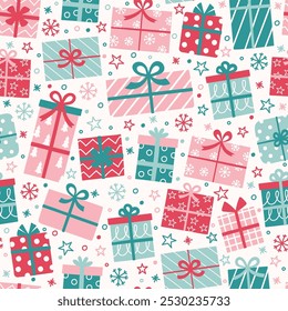 Nette handgezeichnete Geschenkbox Hintergrund. Design eines nahtlosen Weihnachtsmusters. Banner. Vektorgrafik