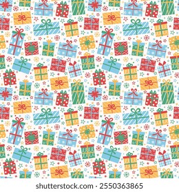 Fundo de caixas de presente desenhadas à mão bonito. Design de um padrão de Natal sem costura. Faixa. Ilustração vetorial