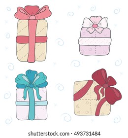 Cute hand drawn gift boxes with bows, vector illustration