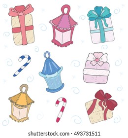 Cute hand drawn gift boxes with bows and Christmas flashlight, sticks , vector illustration