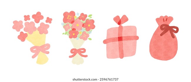 Cute hand drawn gift and flower bouquet