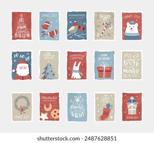 Cute hand drawn gift tags for Christmas in German language saying "Merry Christmas" and similar, typographic designs and lovely illustrations - vector design