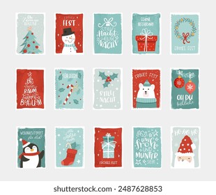 Cute hand drawn gift tags for Christmas in German language saying "Merry Christmas" and similar, typographic designs and lovely illustrations - vector design