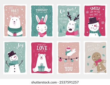 Cute hand drawn gift tags for Christmas, typographic designs and lovely animal illustrations - vector design