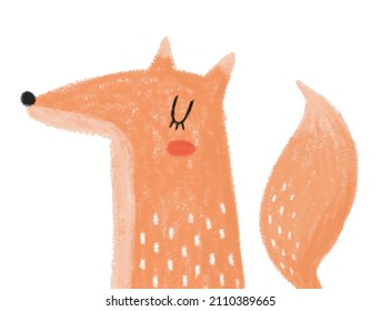 Cute Hand Drawn Ginger Fox With Fluffy Tail Vector Illustration. Lovely Nursery Art With Funny Dreamy Fox Isolated On A White Background Ideal For Wall Art, Poster, Kids Room Decoration.