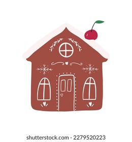 Cute hand drawn gingerbread house, cartoon flat vector illustration isolated on white background. Traditional Christmas dessert cookie. Decorated gingerbread house with cherry on the roof.
