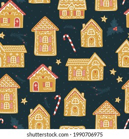 Cute hand drawn gingerbread houses seamless pattern, lovely doodle houses with many details, great for textiles, banners, wallpaper, wrapping - vector design