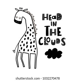 Cute hand drawn giraffe in black and white style. Cartoon vector illustration in scandinavian style