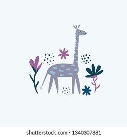 Cute hand drawn giraffe. Cartoon giraffe vector illustration in scandinavian style.  Isolated wildlife clipart. Vector illustration can be used for kid book, t-shirt, travel postcard design.