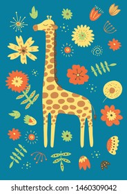 Cute hand drawn giraffe with flowers. Vector illustration.