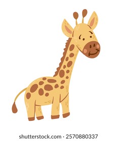 Cute hand drawn giraffe illustration with friendly smile, with yellow and brown tones and a simple, playful design isolated on white background. Vector childish drawing