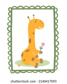 Cute hand drawn giraffe. Yellow cartoon giraffe. Illustration for children's book, poster, postcard