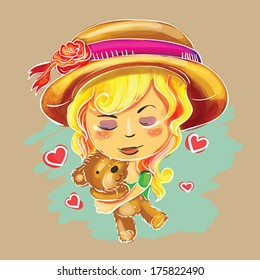 Cute hand drawn girl holding teddy bear