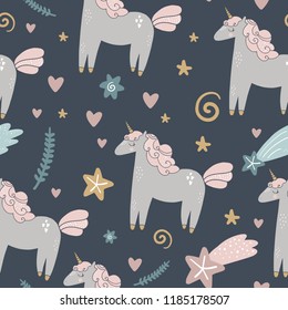 Cute hand drawn girl night unicorn pastel nursery pattern. Pastel colors. Good for prints, birthday invitations, cards. Magical pony, floral elements and stars. Vector, clip art