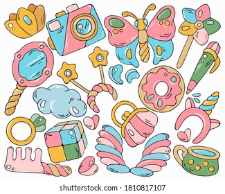 Cute hand drawn girl stuff doodles isolated on a white. Colorful little princess things vector illustrations. Beautiful icons for graphic design, typography, stationery, decorating, textile products.