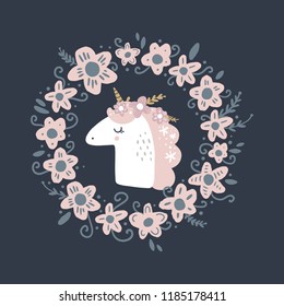 Cute hand drawn girl unicorn pastel nursery art. Pastel colors. Good for prints, birthday invitations, cards. Girl postcard with magical pony, wreath flowers, gold elements. Vector, clip art