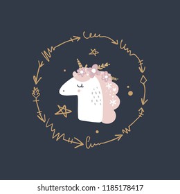 Cute hand drawn girl unicorn pastel nursery art. Pastel colors. Good for prints, birthday invitations, cards. Girl postcard with magical pony, wreath flowers, gold elements. Vector, clip art