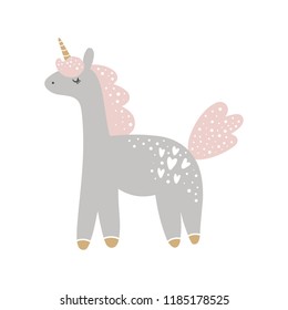 Cute hand drawn girl unicorn pastel nursery art. Pastel colors. Good for prints, birthday invitations, cards. Girl postcard with magical pony, wreath flowers, gold elements. Vector, clip art