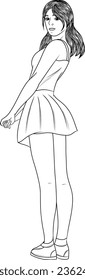 Cute hand drawn Girl Vector, a Drawing of a standing girl posing with long hair and short dress, Female coloring page image isolated in a white background