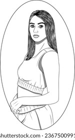 Cute hand drawn Girl wearing sportive clothes isolated vector illustration, Beautiful Woman portrait drawing Sketch outline