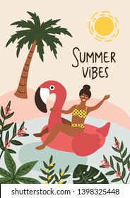 Cute hand drawn girl / women illustration with flamingo floating at swimming pool. Retro and trendy design style. Card / poster template for summer holiday season 