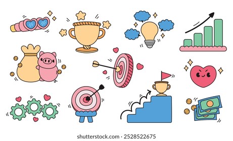 cute hand drawn girly or kid style cartoon graphic element vector set in success and business concept