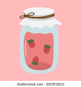 Cute Hand Drawn Glass Jar With Strawberry Jam. Doodle Sweet Preserve Illustration. Homemade Fruit Jelly In A Pot. Country Style Element. Organic Food Icon