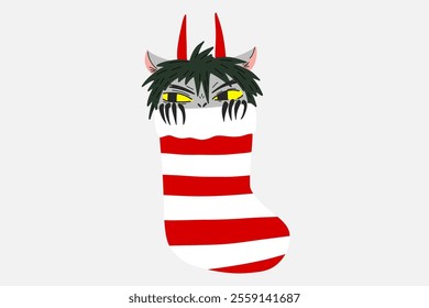 Cute hand drawn goblin in a Christmas stocking. Gremlin Krampus peeking out of a Christmas stocking. Stock vector illustration isolated on white background.