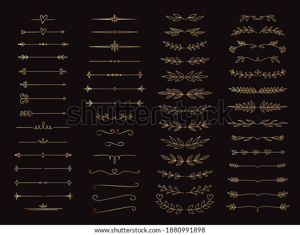 Cute Hand drawn gold flower ornament text\
dividers, arrows and laurel design elements. vector illustration\
set isolated on black\
background