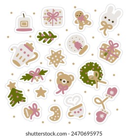 Cute hand drawn golden and pink sticker pack design, kawaii bunny, teddy bear, tea pot, cup, candle, xmas tree, gift box. Christmas doodle element stickers