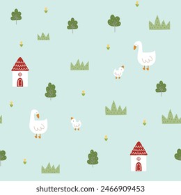 Cute hand drawn goose kids seamless pattern, trees and grass farm textile or wallpaper design, blue nature background