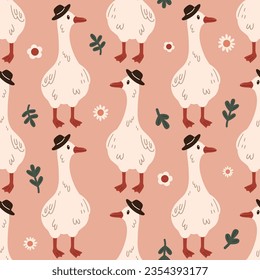 Cute hand drawn goose seamless pattern. Vintage cottagecore background with country bird and daisy flowers. Folk texture for baby nursery, kids design