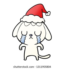 cute hand drawn gradient cartoon of a dog crying wearing santa hat