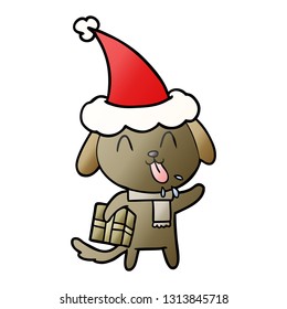 cute hand drawn gradient cartoon of a dog with christmas present wearing santa hat