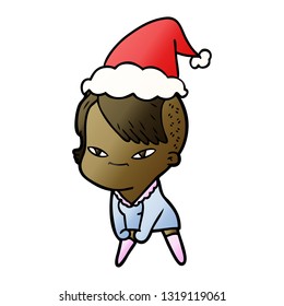 caricatura de gradiente dibujada a mano linda de una chica con un peinado hipster usando sombrero santa