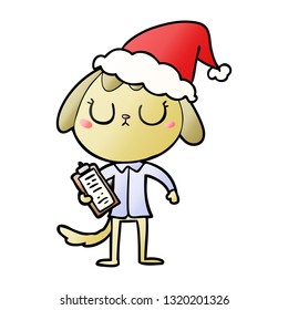 cute hand drawn gradient cartoon of a dog wearing office shirt wearing santa hat