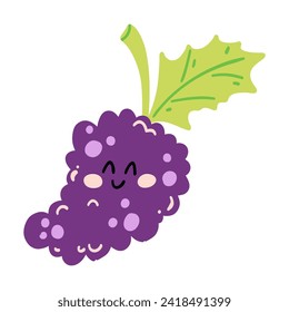 La uva dibujada a mano con una sonrisa. Kawaii gracioso personaje de fruta para los niños