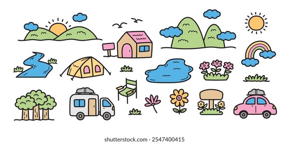 Lindo Vector de elemento gráfico dibujado a mano en el campamento y resort con concepto de naturaleza