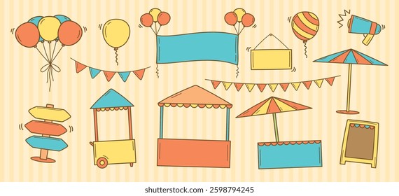 cute hand drawn graphic element vector set in fair or market items concept