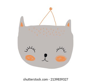 Cute Hand Drawn Gray Kitty Vector Illustration. Lovely Nursery Art with Funny Cat in a Party Hat Isolated on a White Background. Kids Room Decoration. Lovely Print for Cat Lovers.