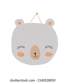 Cute Hand Drawn Gray Party Bear Vector Illustration. Lovely Nursery Art with Funny Bear  Isolated on a White Background. Kids Room Decoration. Lovely Woodland Party Print.