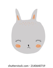 Cute Hand Drawn Gray Rabbit Vector Illustration. Lovely Nursery Art with Funny Bunny  Isolated on a White Background. Kids Room Decoration. Dreamy Rabbit Head. Easter Bunny.