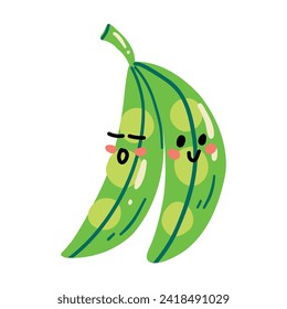 Cute hand drawn grean pea smiling. Kawaii funny vegetable character for kids