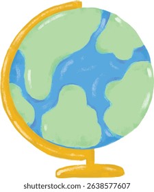 Cute hand drawn green blue orange earth globe doodle kids illustration watercolor crayon universe space drawing. Back to school element png clipart sticker
