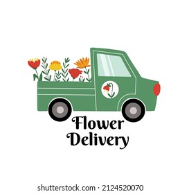 Cute hand drawn green delivery truck transporting flowers, isolated vector illustration