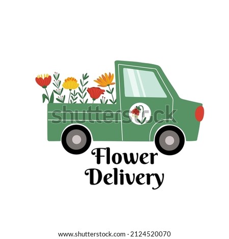 Cute hand drawn green delivery truck transporting flowers, isolated vector illustration