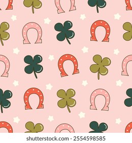 cute hand drawn green four leaf clover, stars and red and pink horseshoes seamless vector pattern background illustration