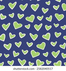 Cute hand drawn green heart seamless repeat pattern. Vector valentines day, love sign aop, all over surface print on dark blue background.