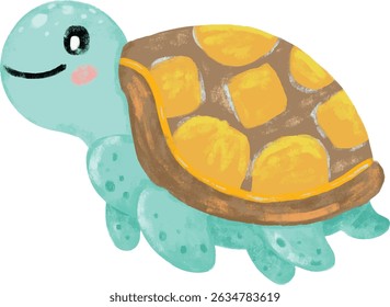 Cute hand drawn green mint turquoise turtle tortoise pastel colors doodle sea ocean beach animals illustration kids seafood sand summer season clipart crayon watercolour sticker design