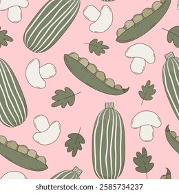 cute hand drawn green zucchini, white mushrooms, peas, parsley vegetables seamless vector pattern illustration on pink background